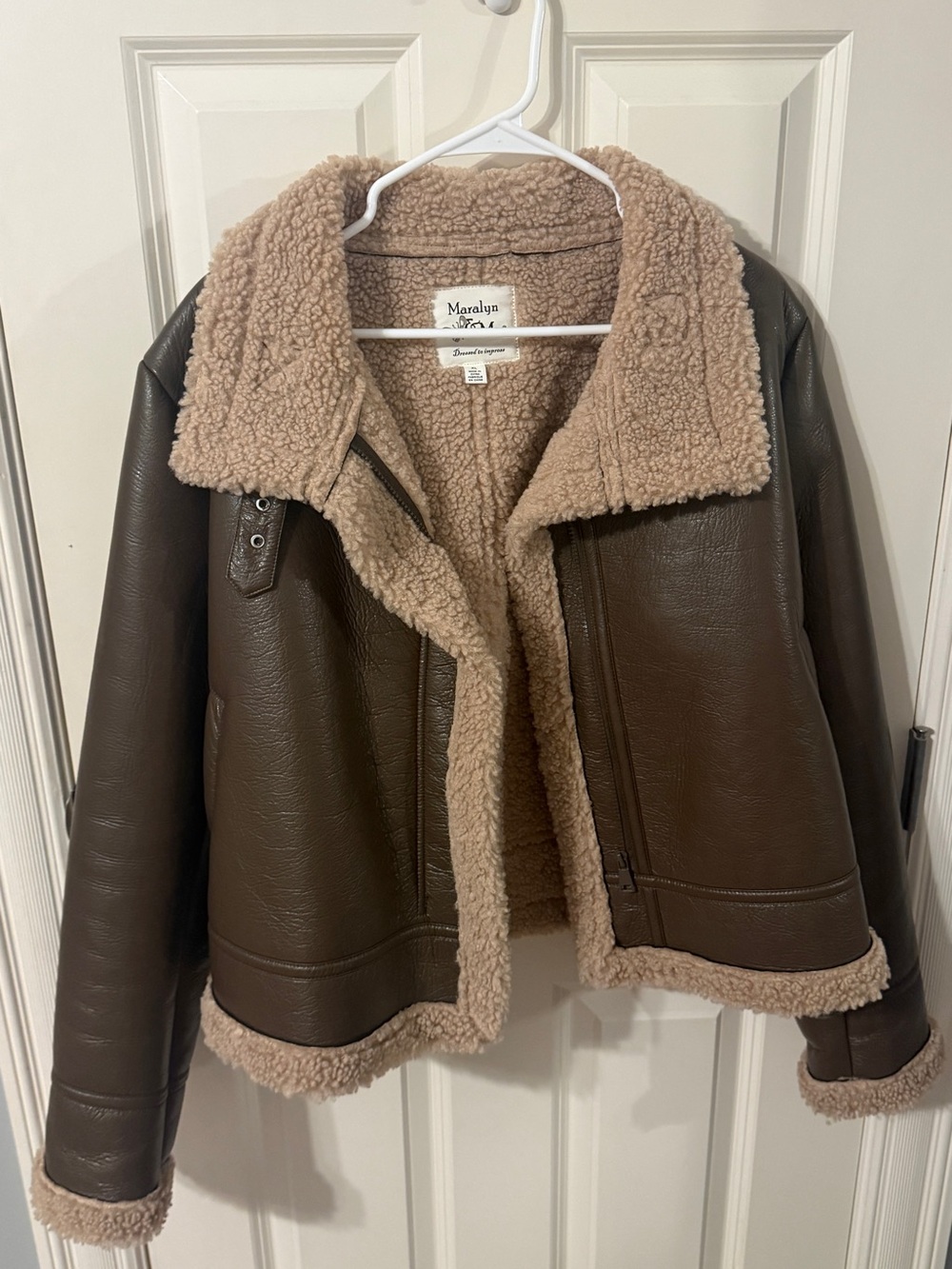 Maralyn & Me Dark Brown Faux-Leather Bomber Jacket with Taupe Sherpa